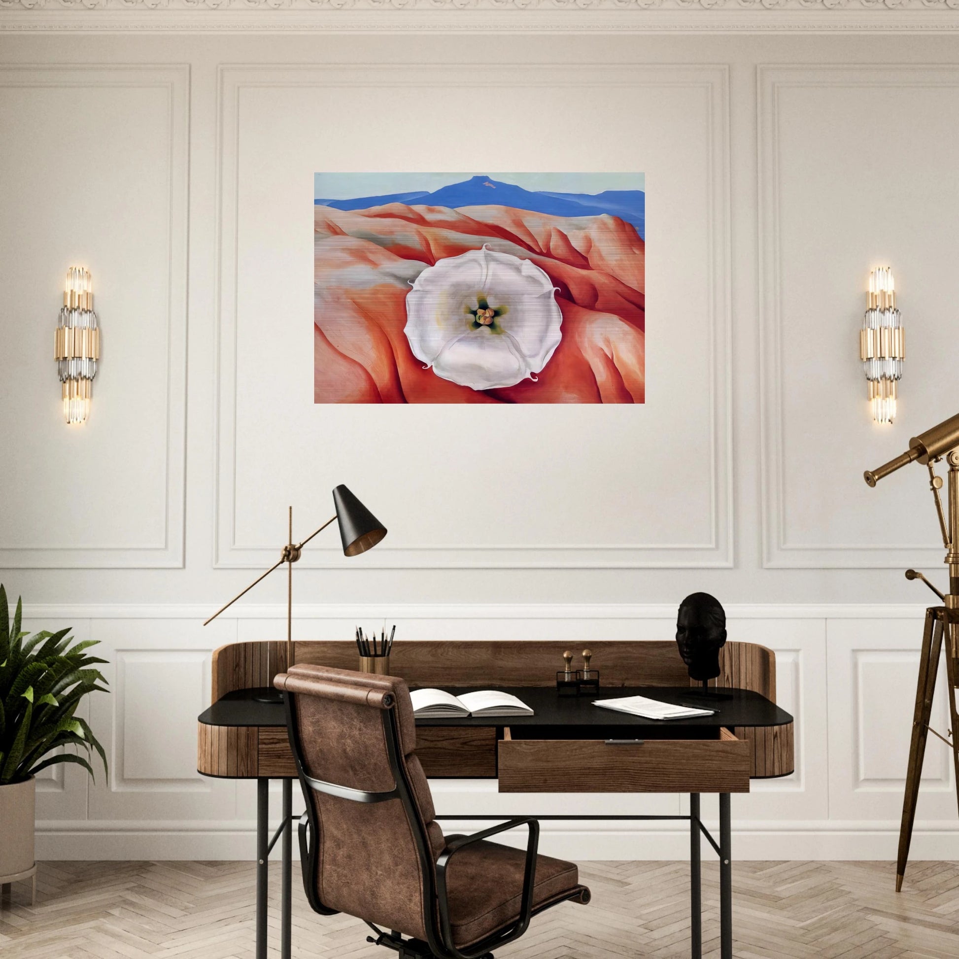 Red hills and white flower II - Georgia O'Keeffe Brushed Aluminum Print - 70x100 cm / 28x40 inches | Georgia O'Keeffe Aluminum Print | Georgia O'Keeffe Prints