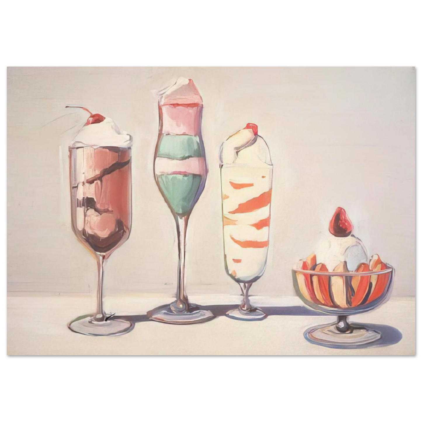 Wayne Thiebaud - Four Sundaes - Pop Art Wall Art - 60x80 cm / 24x32 inches - Premium Wooden Framed Poster With Fine Art Paper-canvas - White frame