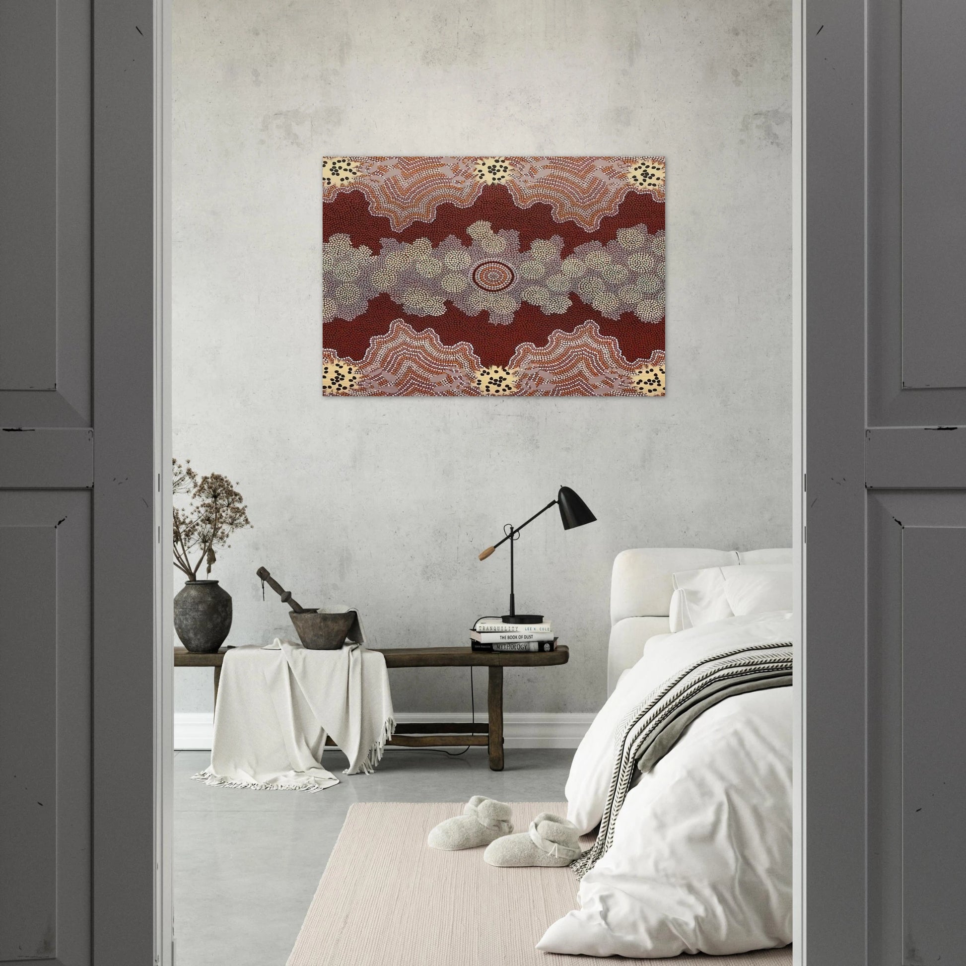 Malaka Honey Ant Dreaming - 1992 - Clifford Possum Tjapaltjarri Brushed Aluminum Print - 70x100 cm / 28x40 inches | Clifford Possum Tjapaltjarri Aluminum Print | Clifford Possum Tjapaltjarri Prints