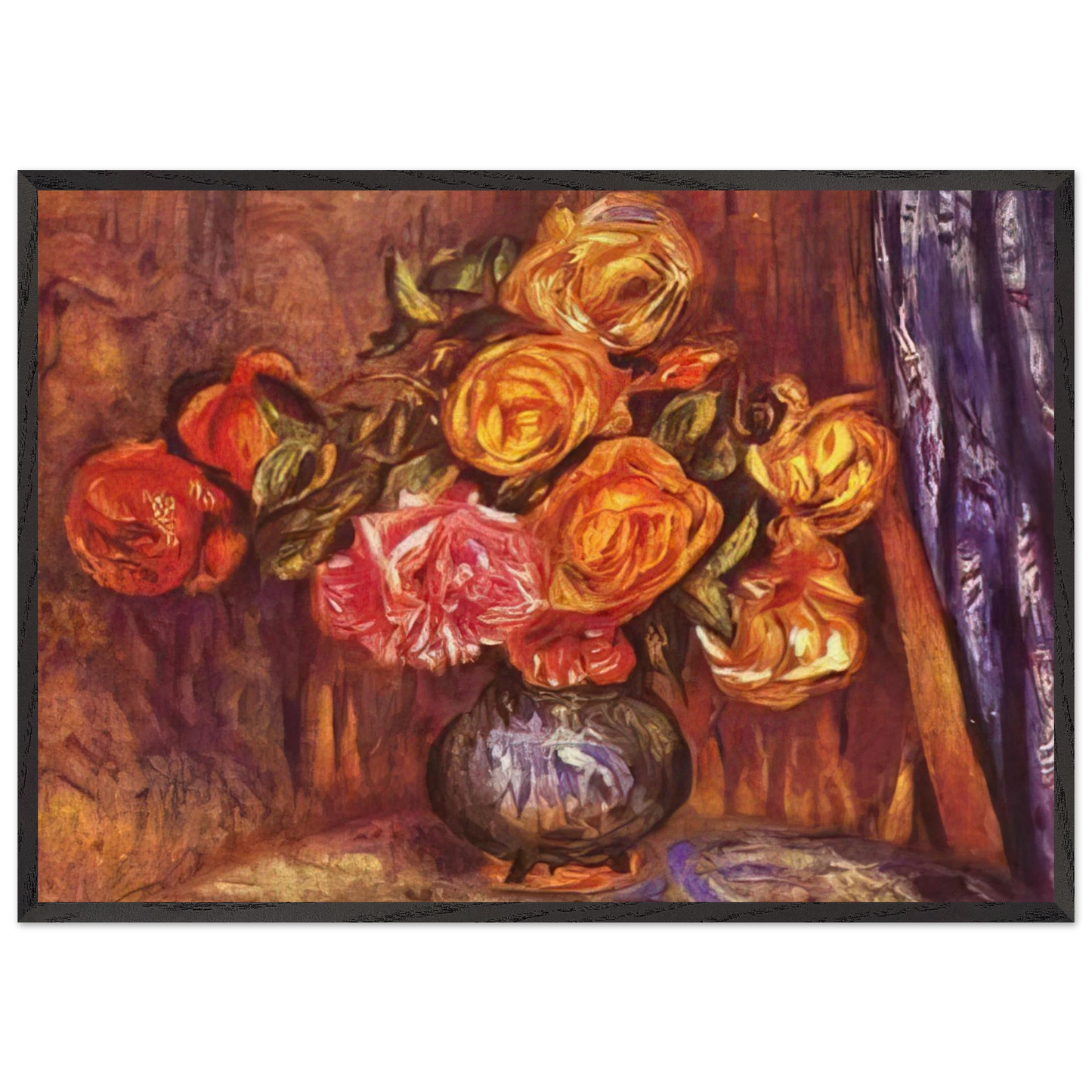 Roses Before the Blue Curtain - Pierre-Auguste Renoir 70x100 cm / 28x40 inches Framed Art Print – Black Wooden Frame
