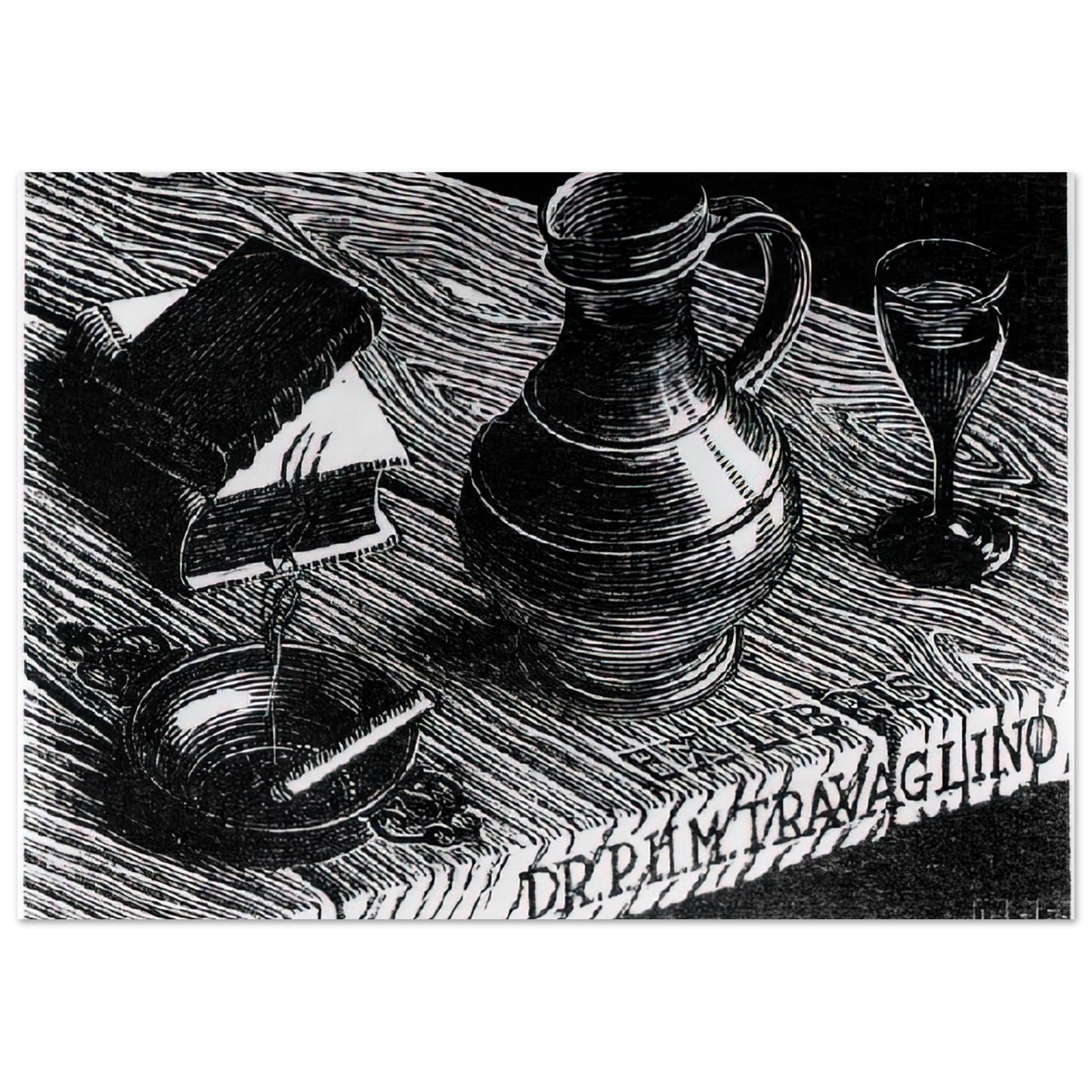 MC Escher - BOOKPLATE DR P H M TRAVAGLINO Wall Art - 21x29.7 cm / 8x12" - Premium Wooden Framed Poster With Fine Art Paper-canvas - White frame