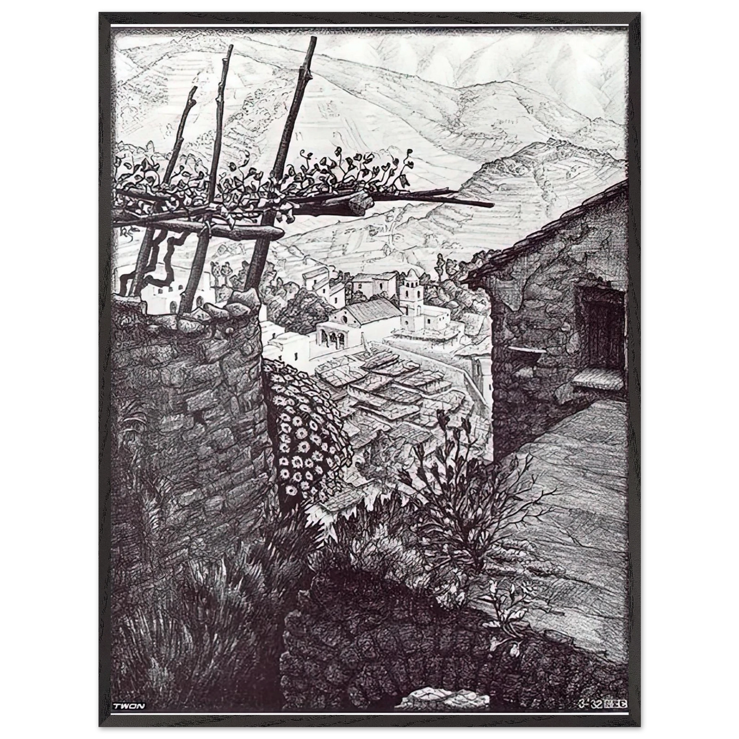 MC Escher - THE HAMLET OF TURELLO SOUTHERN ITALY Wall Art - 21x29.7 cm / 8x12" - Premium Wooden Framed Poster With Fine Art Paper-canvas - Black frame