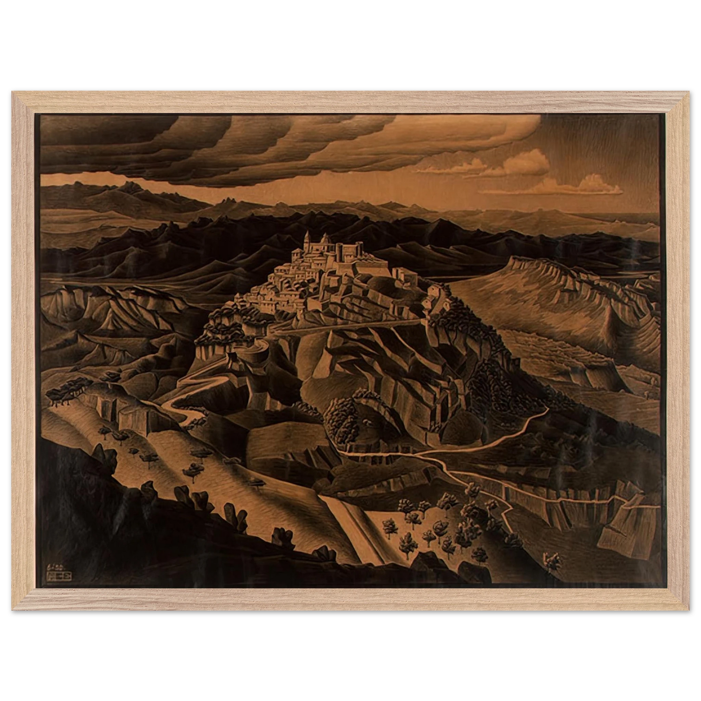 MC Escher - ITALIAN TOWN Wall Art - 21x29.7 cm / 8x12" - Premium Wooden Framed Poster With Fine Art Paper-canvas - Wood frame