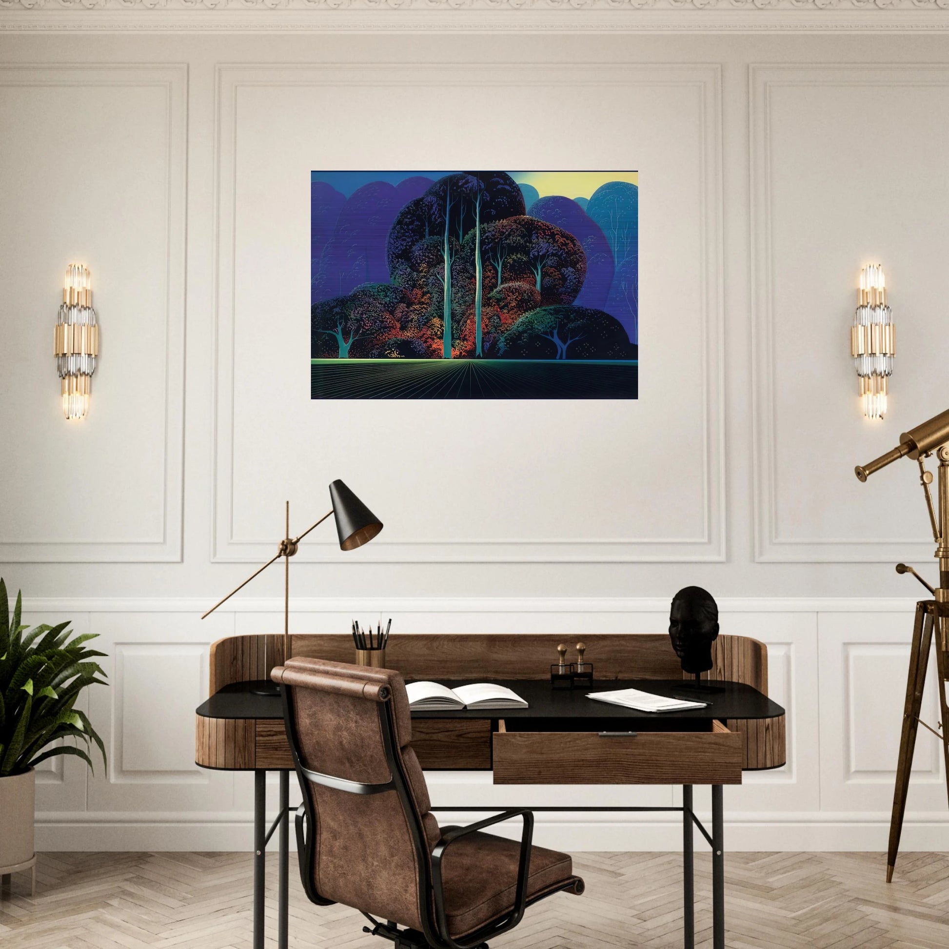 Softening Shades of Twilight - Eyvind Earle Brushed Aluminum Print - 70x100 cm / 28x40 inches | Eyvind Earle Aluminum Print | Eyvind Earle Prints