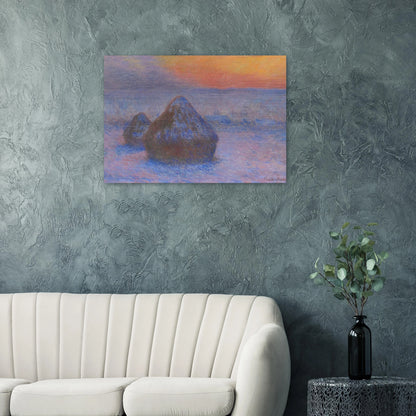 Stacks of Wheat Sunset, Snow Effect - claude monet Brushed Aluminum Print - 70x100 cm / 28x40 inches | claude monet Aluminum Print | claude monet Prints