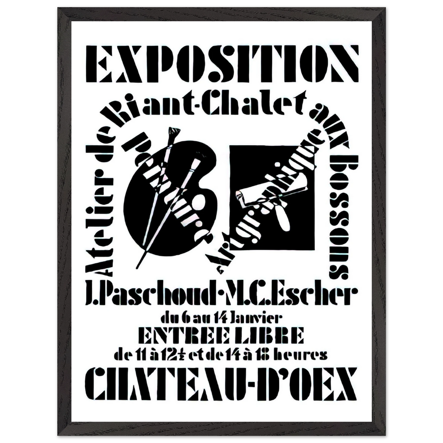 MC Escher - POSTER FOR EXHIBITION JOHN PASCHOUD AND M C ESCHER DECEMBER 1936 1936 Wall Art - 21x29.7 cm / 8x12" - Premium Wooden Framed Poster With Fine Art Paper - Black frame