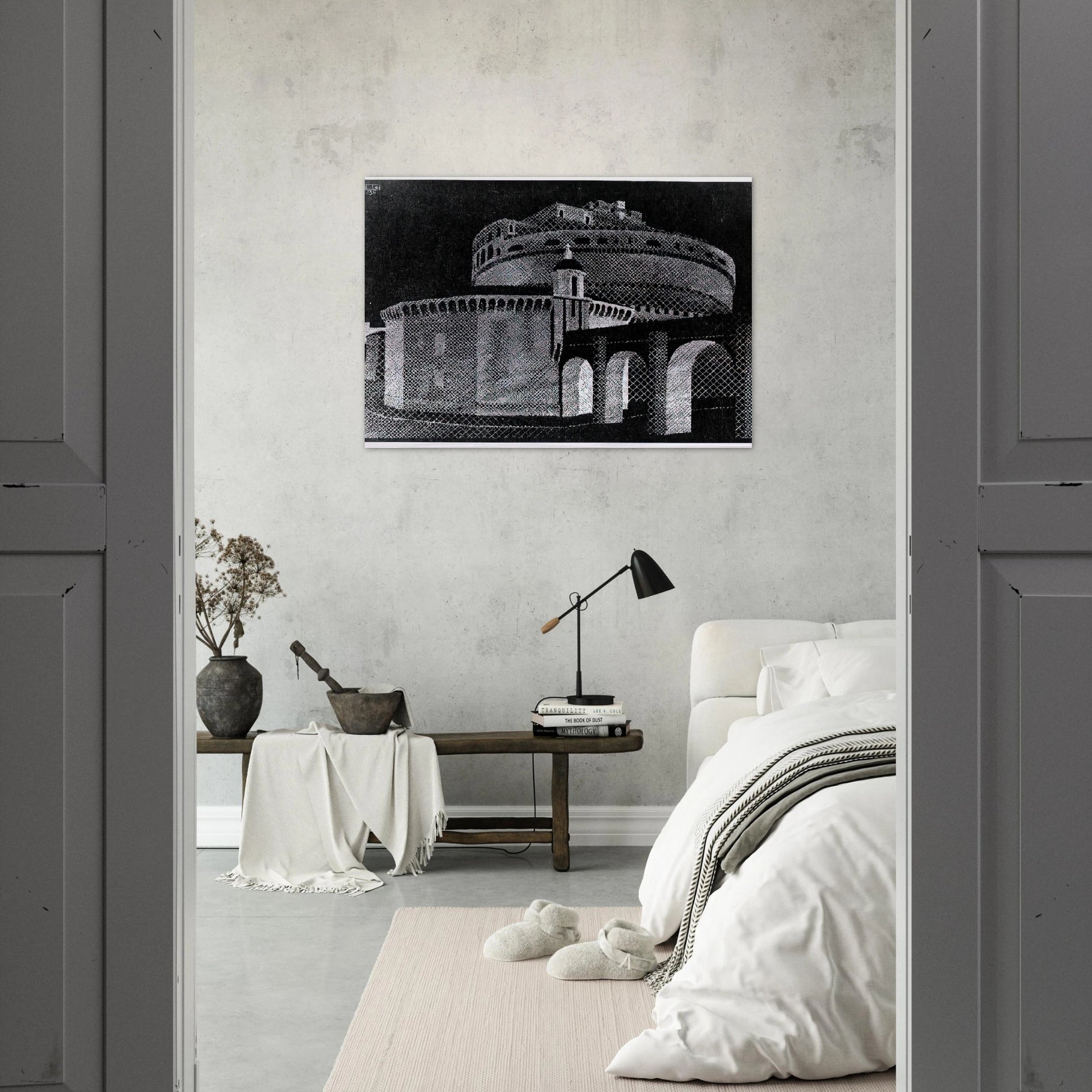 NOCTURNAL ROME CASTEL SANT ANGELO - MC Escher Brushed Aluminum Print - 70x100 cm / 28x40 inches | MC Escher Aluminum Print | MC Escher Prints | Maurits Cornelis Escher Prints