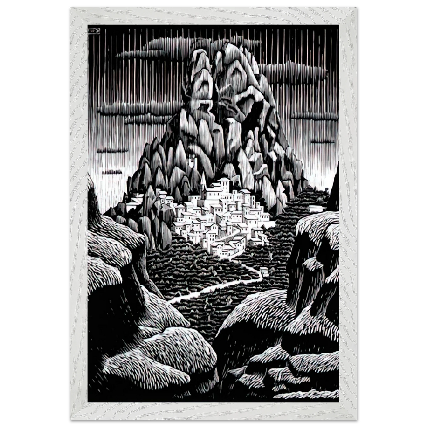 MC Escher - PENTEDATTIO CALABRIA JANUARY 1930 1930 Wall Art - 21x29.7 cm / 8x12" - Premium Wooden Framed Poster With Fine Art Paper-canvas - Wood frame