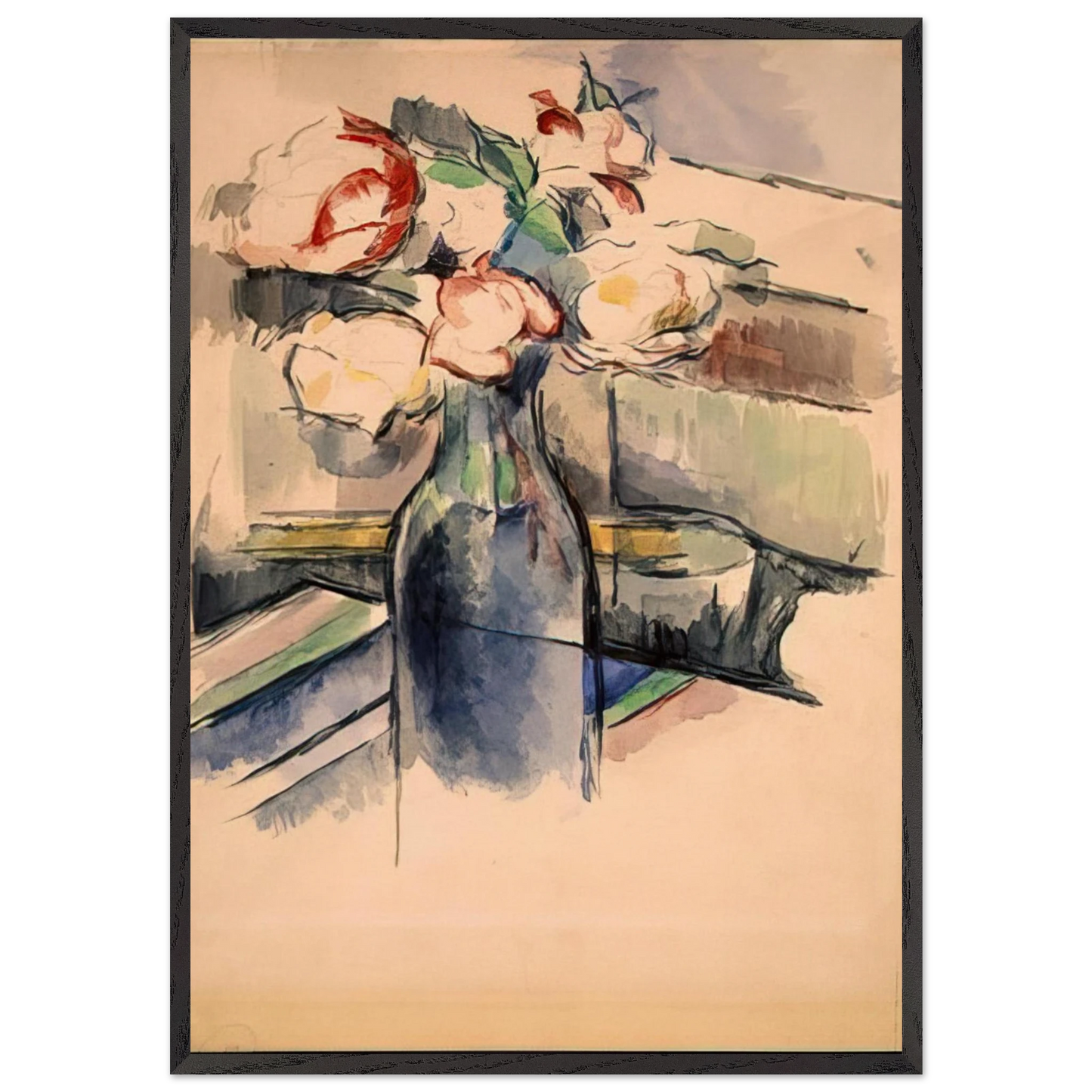Roses in a Bottle - Paul Cezanne 70x100 cm / 28x40 inches Framed Art Print – Black Wooden Frame