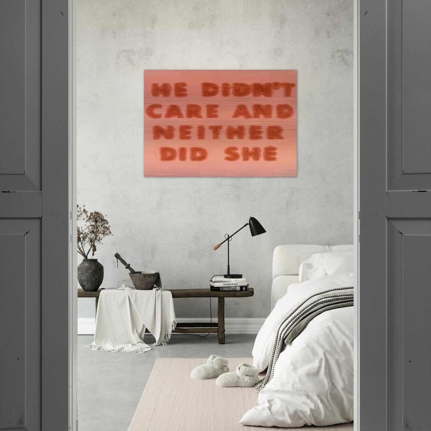 HE DIDN T CARE AND NEITHER DID SHE 1974 - Edward Ruscha Brushed Aluminum Print - 70x100 cm / 28x40 inches | Edward Ruscha Aluminum Print | Edward Ruscha Prints