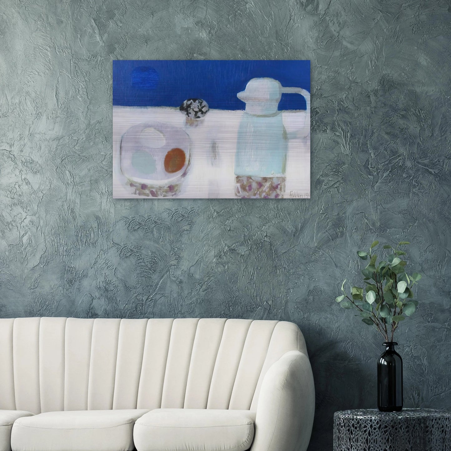 Jug and Four Eggs - 1967 - Mary Fedden Brushed Aluminum Print - 70x100 cm / 28x40 inches | Mary Fedden Aluminum Print | Mary Fedden Prints