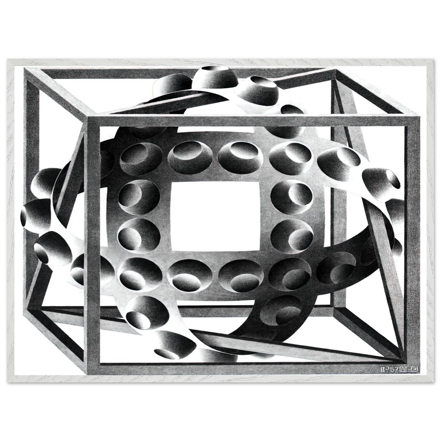 MC Escher - CUBE WITH MAGIC RIBBONS Wall Art - 21x29.7 cm / 8x12" - Premium Wooden Framed Poster With Fine Art Paper-canvas - White frame