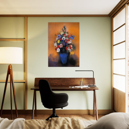 MINOSAS ANEMONIES AND LEAVES IN A BLUE VASE - Odilon Redon Brushed Aluminum Print - 70x100 cm / 28x40 inches | Odilon Redon Aluminum Print | Odilon Redon Prints