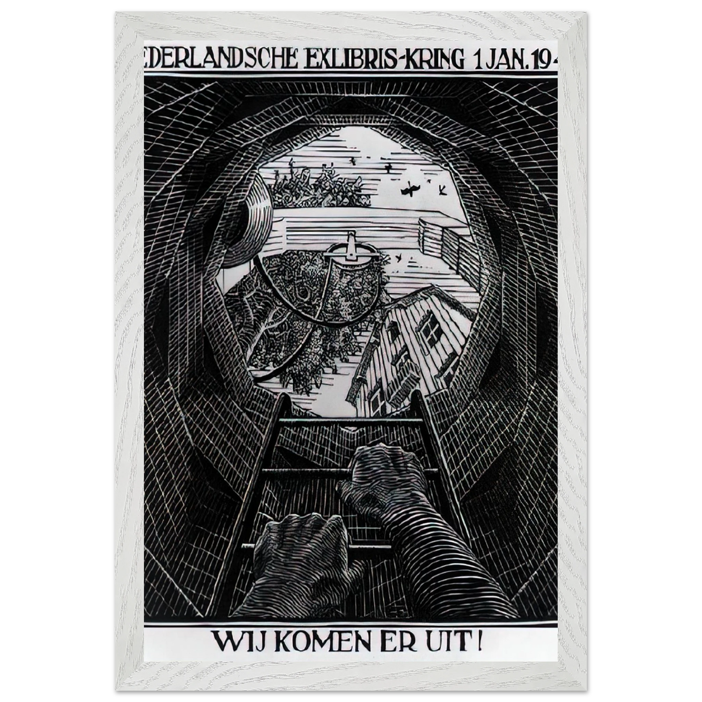 MC Escher - NEW YEAR S GREETING CARD Wall Art - 30x40 cm / 12x16 inches - Premium Wooden Framed Poster With Fine Art Paper-canvas - White frame