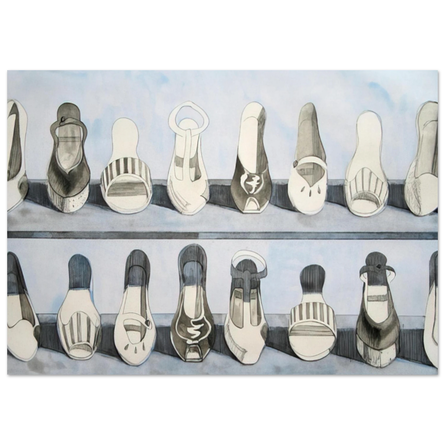 Wayne Thiebaud - Shoe Rows - 1975 Wall Art - 21x29.7 cm / 8x12" - Premium Wooden Framed Poster With Fine Art Paper - Black frame