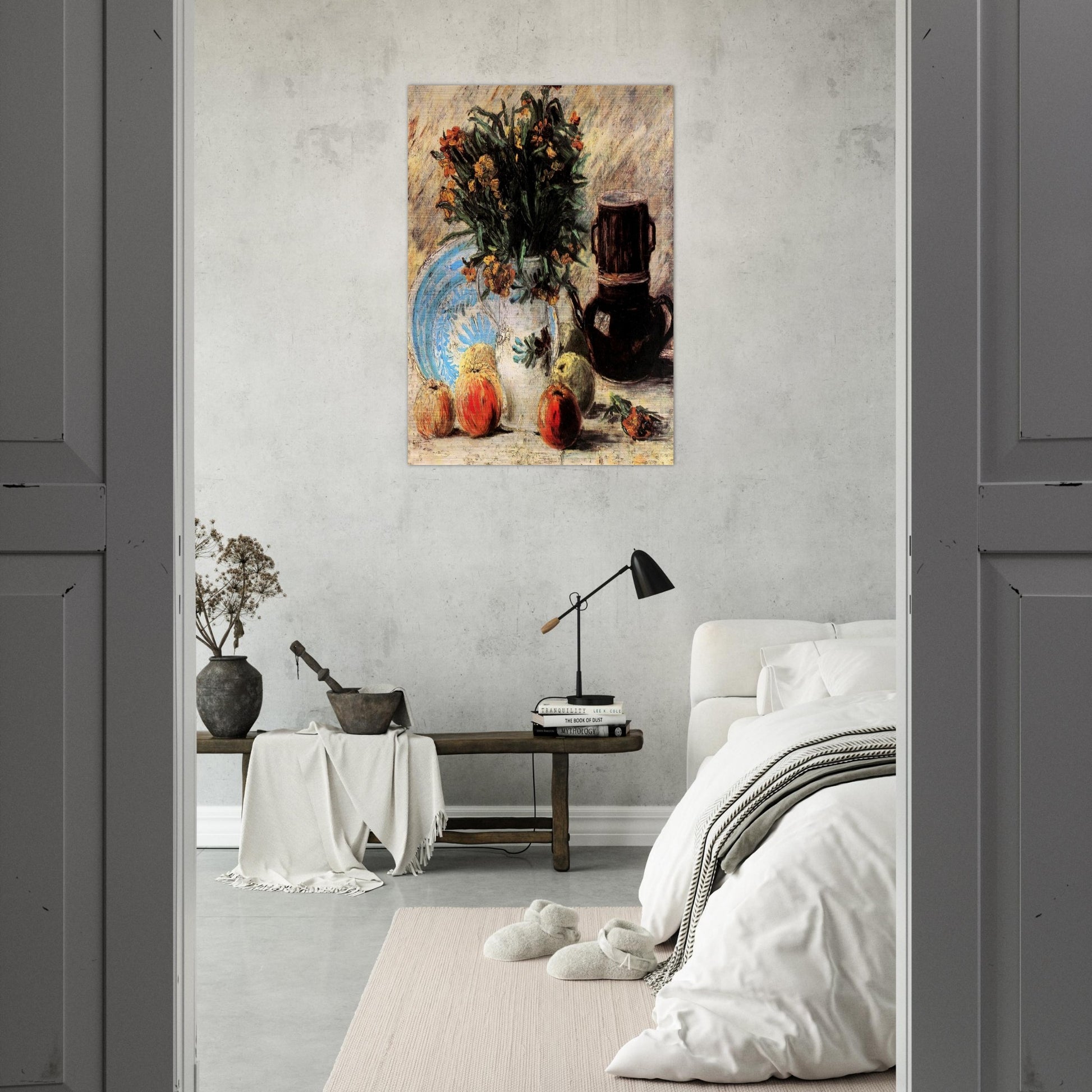 Vase with Flowers, Coffeepot and Fruit - Vincent van Gogh Brushed Aluminum Print - 70x100 cm / 28x40 inches | Vincent van Gogh Aluminum Print | Vincent van Gogh Prints