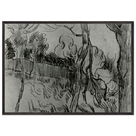 Pine Trees Seen against the Wall of the Asylum - Vincent van Gogh 70x100 cm / 28x40 inches Framed Art Print – Black Wooden Frame