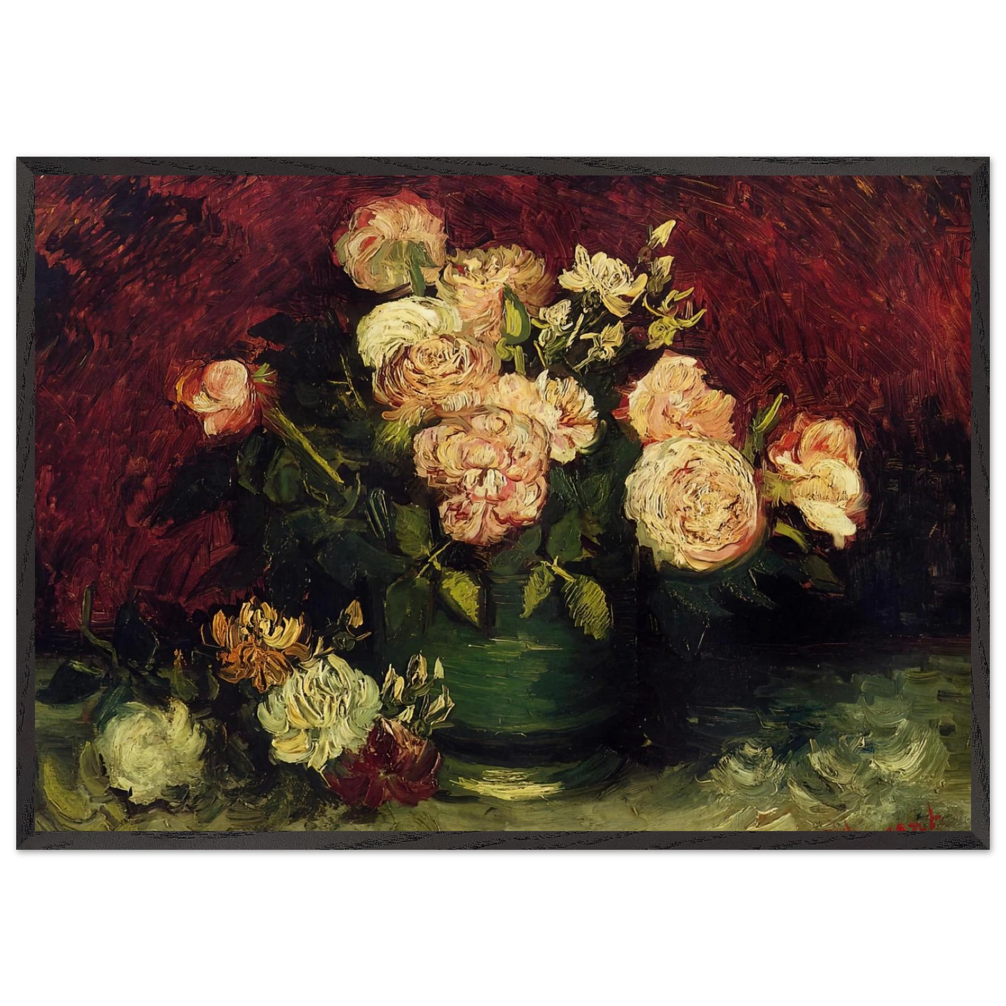 Bowl with Peonies and Roses - Vincent van Gogh 70x100 cm / 28x40 inches Framed Art Print – Black Wooden Frame