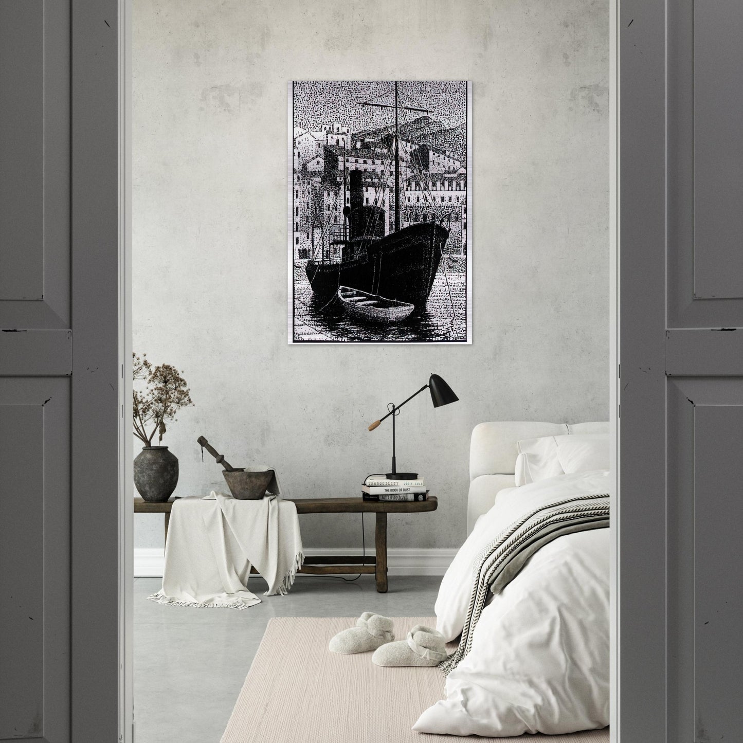 TUGBOAT OLD HARBOR OF BASTIA JANUARY 1934 1934 - MC Escher Brushed Aluminum Print - 70x100 cm / 28x40 inches | MC Escher Aluminum Print | MC Escher Prints