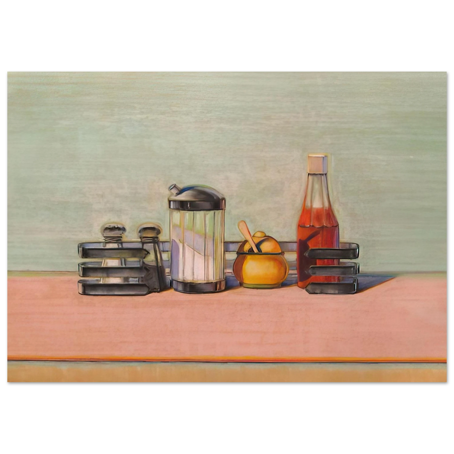 Wayne Thiebaud - Caged Condiments - 2000 Wall Art - 21x29.7 cm / 8x12" - Premium Wooden Framed Poster With Fine Art Paper - White frame