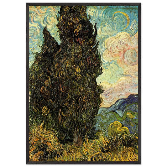 Two Cypresses - Vincent van Gogh 70x100 cm / 28x40 inches Framed Art Print – Black Wooden Frame