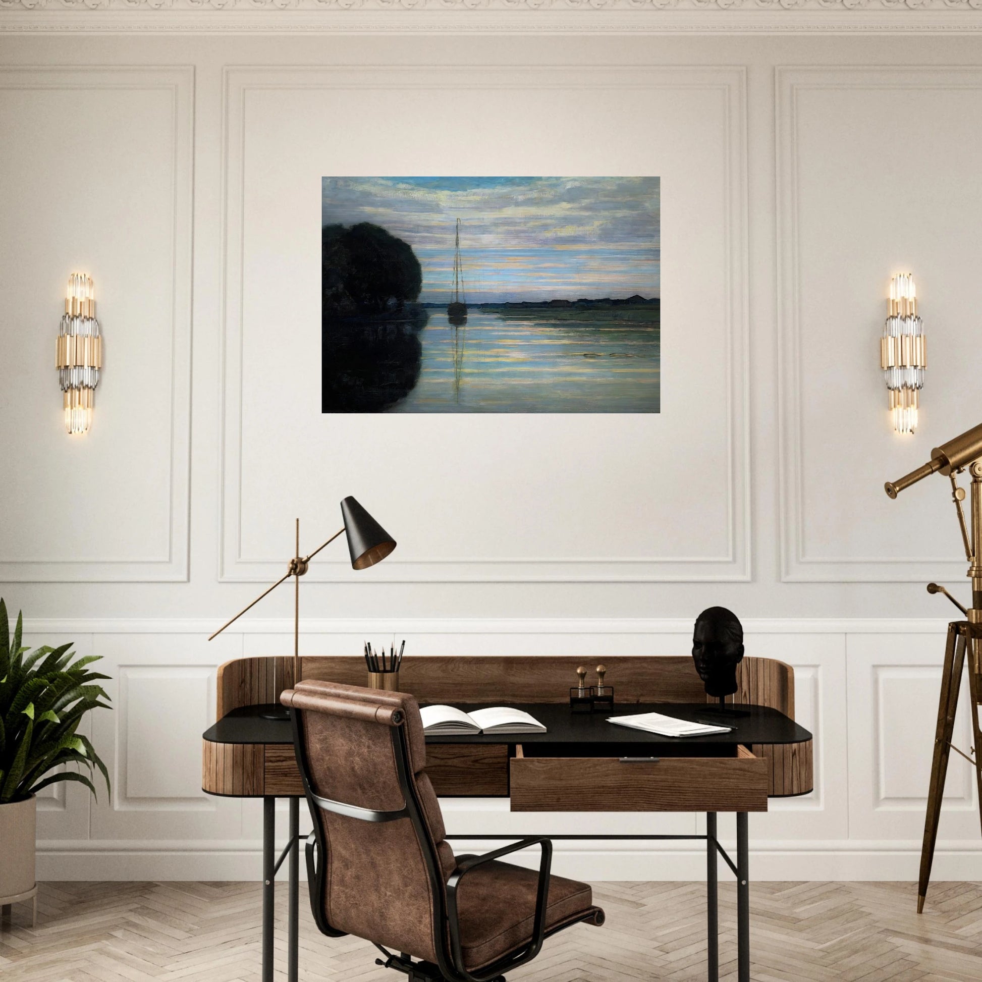 River view with a boat Sun - Piet Mondrian Brushed Aluminum Print - 70x100 cm / 28x40 inches | Piet Mondrian Aluminum Print | Piet Mondrian Prints