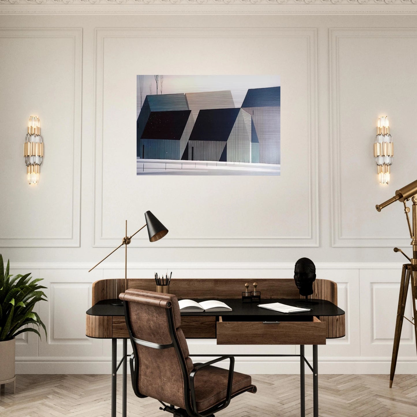 Barns - Eyvind Earle Brushed Aluminum Print - 70x100 cm / 28x40 inches | Eyvind Earle Aluminum Print | Eyvind Earle Prints