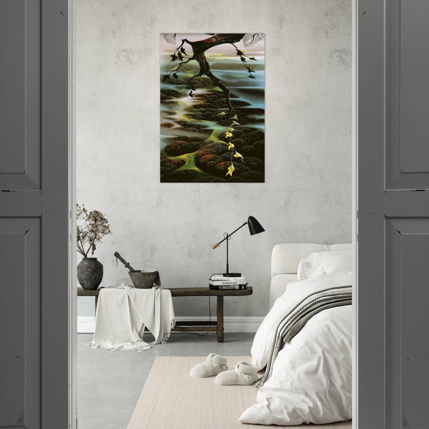 Fog Laced Hills - Eyvind Earle Brushed Aluminum Print - 70x100 cm / 28x40 inches | Eyvind Earle Aluminum Print | Eyvind Earle Prints