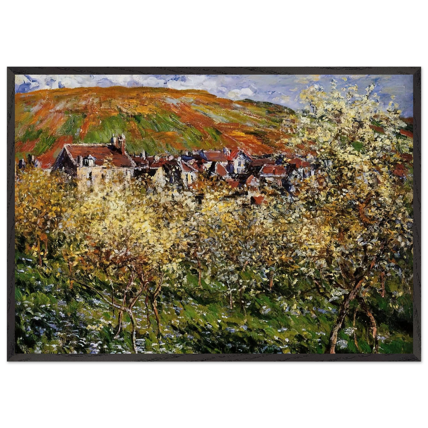 Plum Trees in Blossom at Vetheuil - claude monet 70x100 cm / 28x40 inches Framed Art Print – Black Wooden Frame