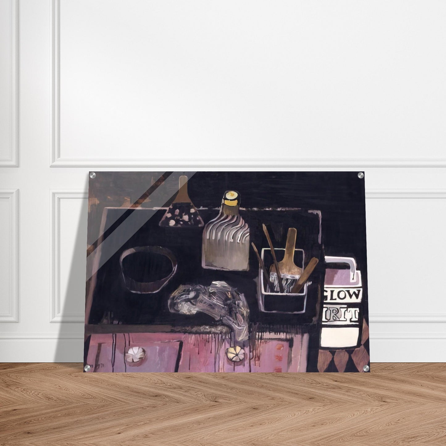 The Etching Table - 1971 - Mary Fedden Acrylic Print - 70x100 cm / 28x40″ inches | Mary Fedden Wall Art | Mary Fedden Prints