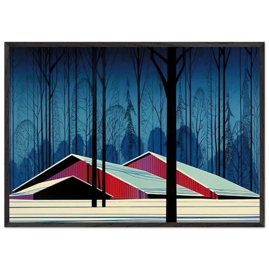 Winter Barns - Eyvind Earle 70x100 cm / 28x40 inches Framed Art Print – Black Wooden Frame