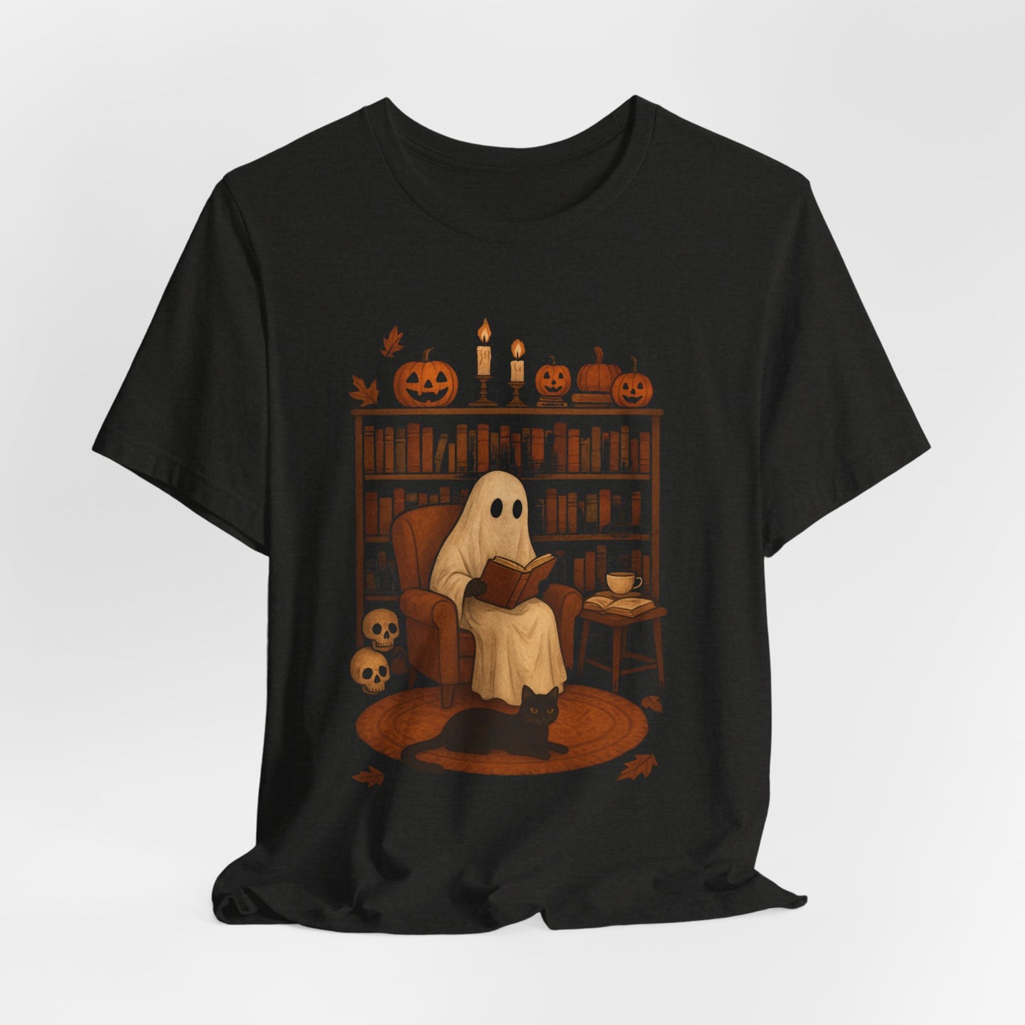 Fantasma vintage leyendo libros para amantes de la biblioteca Halloween espeluznante