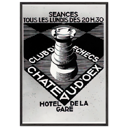 ADVERTISEMENT CHESS CLUB CHATEAU DOEX JULY 1936 1936 - MC Escher 70x100 cm / 28x40 inches Framed Art Print – Black Wooden Frame | Maurits Cornelis Escher Prints