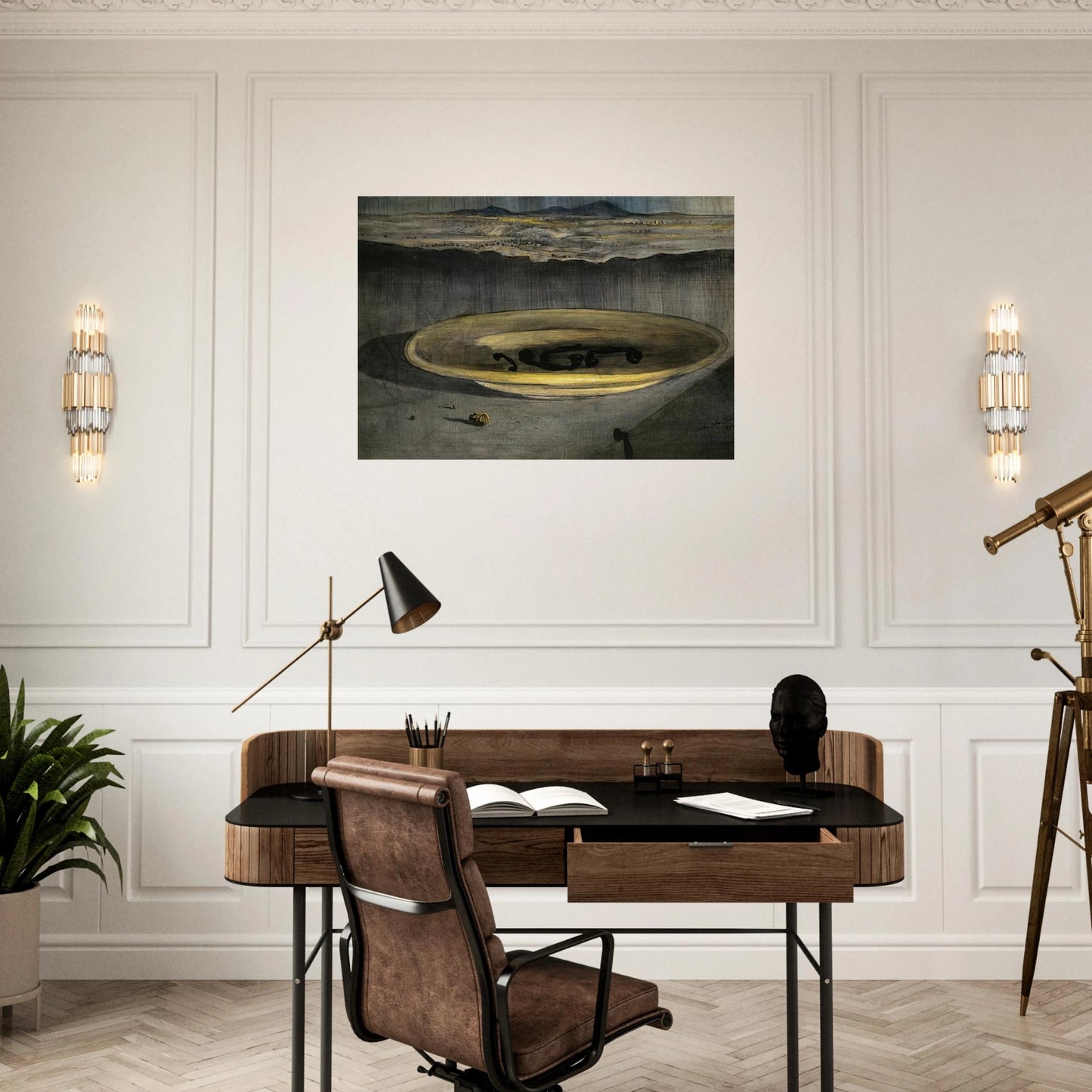 LANDSCAPE WITH TELEPHONES ON A PLATE - Salvador Dali Brushed Aluminum Print - 70x100 cm / 28x40 inches | Salvador Dali Aluminum Print | Salvador Dali Prints