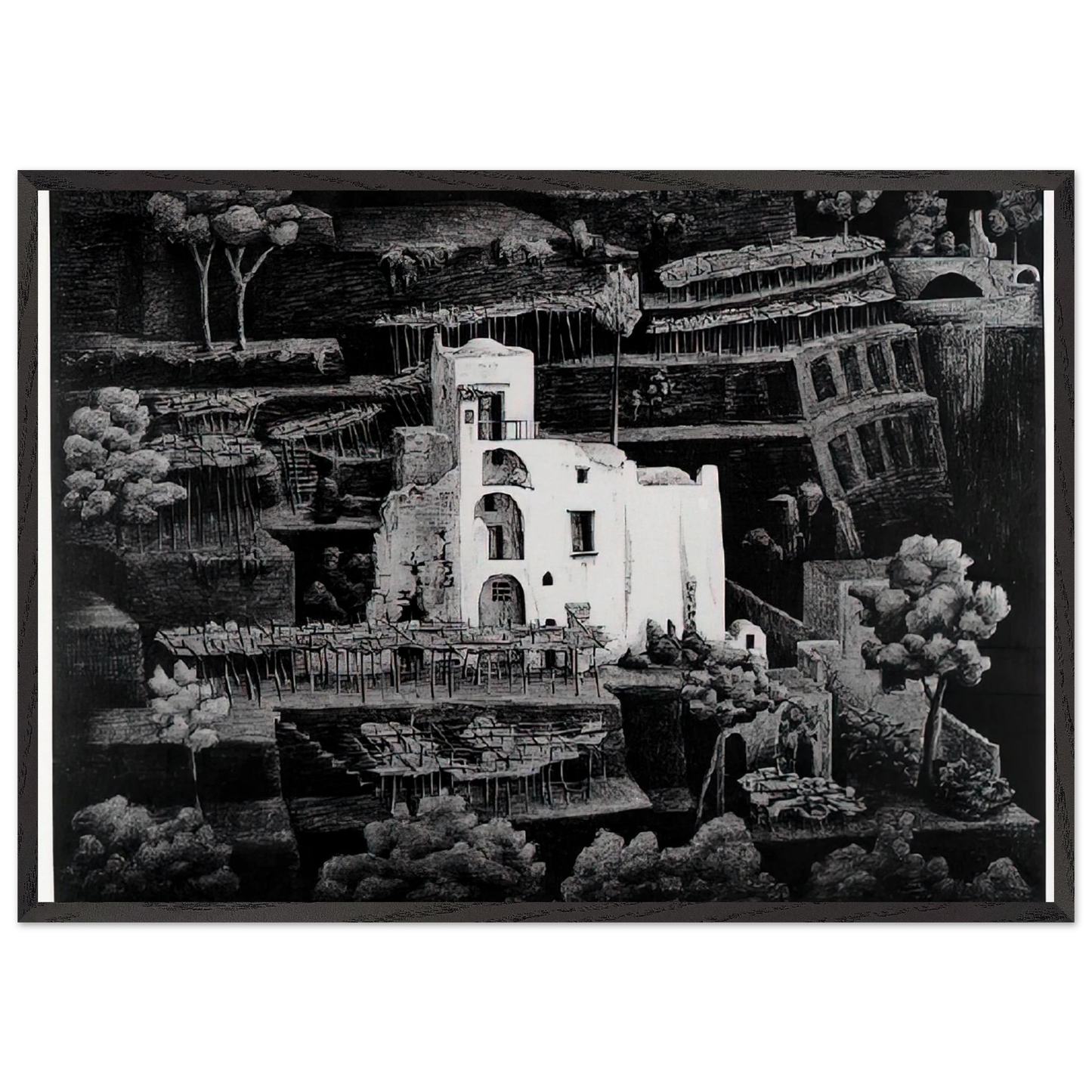 FARMHOUSE RAVELLO - MC Escher 70x100 cm / 28x40 inches Framed Art Print – Black Wooden Frame | Maurits Cornelis Escher Prints