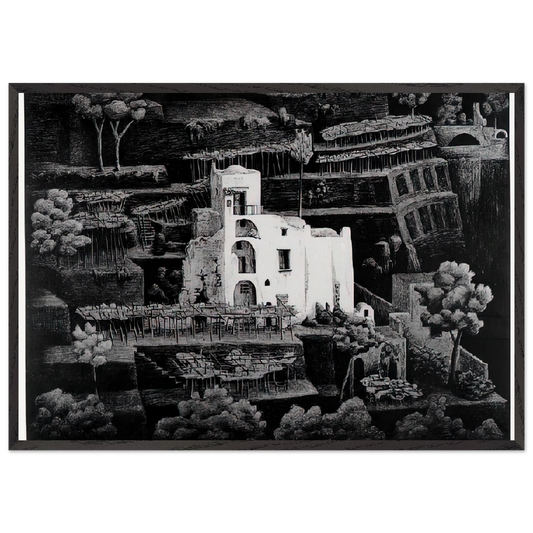 FARMHOUSE RAVELLO - MC Escher 70x100 cm / 28x40 inches Framed Art Print – Black Wooden Frame | Maurits Cornelis Escher Prints