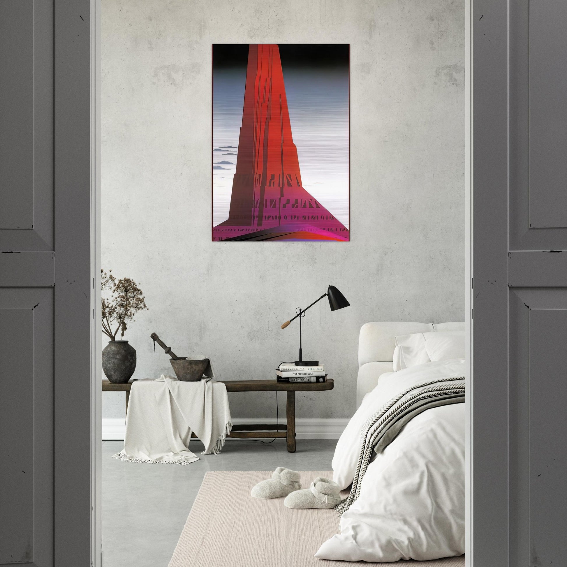 Desert Skyscraper - Eyvind Earle Brushed Aluminum Print - 70x100 cm / 28x40 inches | Eyvind Earle Aluminum Print | Eyvind Earle Prints