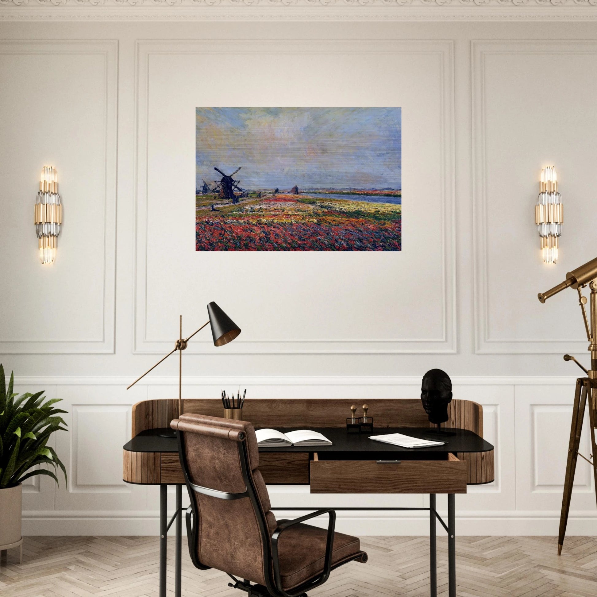 Fields of Flowers and Windmills near Leiden - claude monet Brushed Aluminum Print - 70x100 cm / 28x40 inches | claude monet Aluminum Print | claude monet Prints