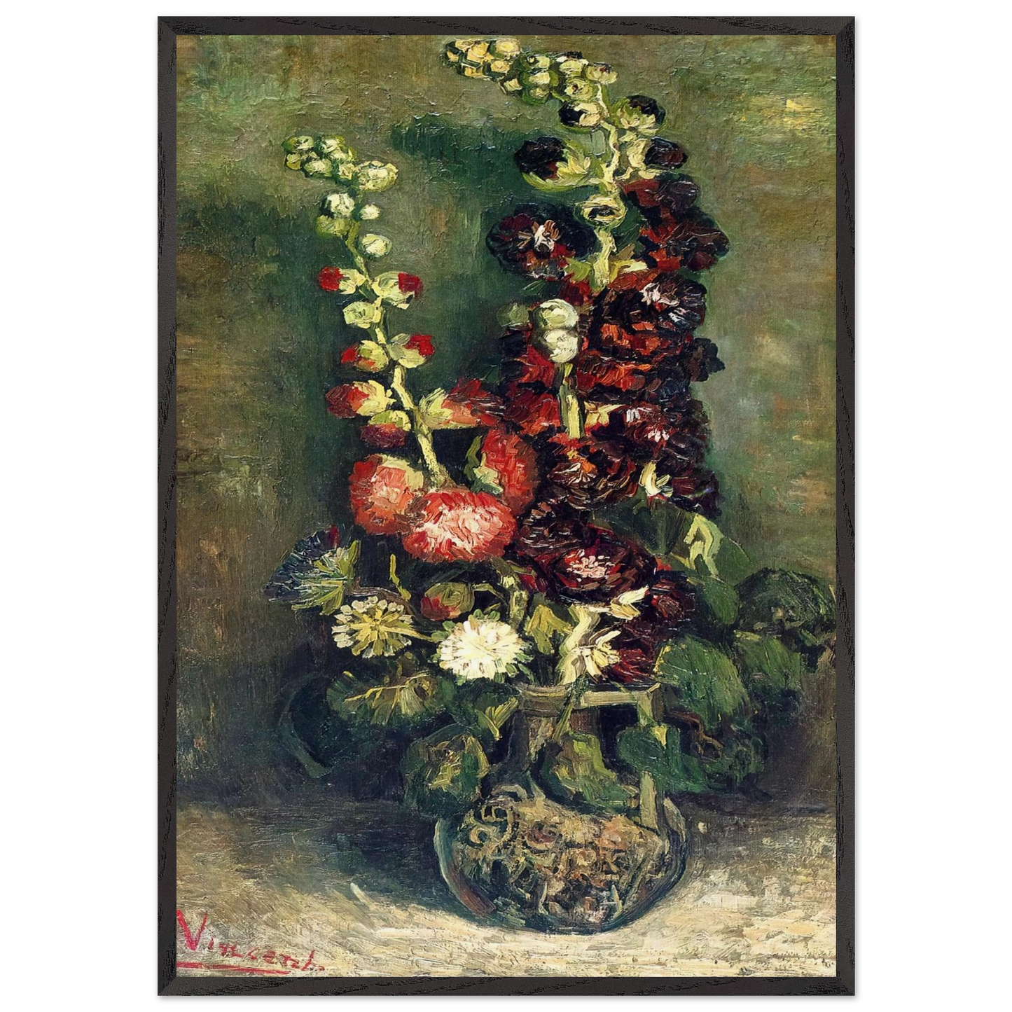 Vase of Hollyhocks - Vincent van Gogh 70x100 cm / 28x40 inches Framed Art Print – Black Wooden Frame