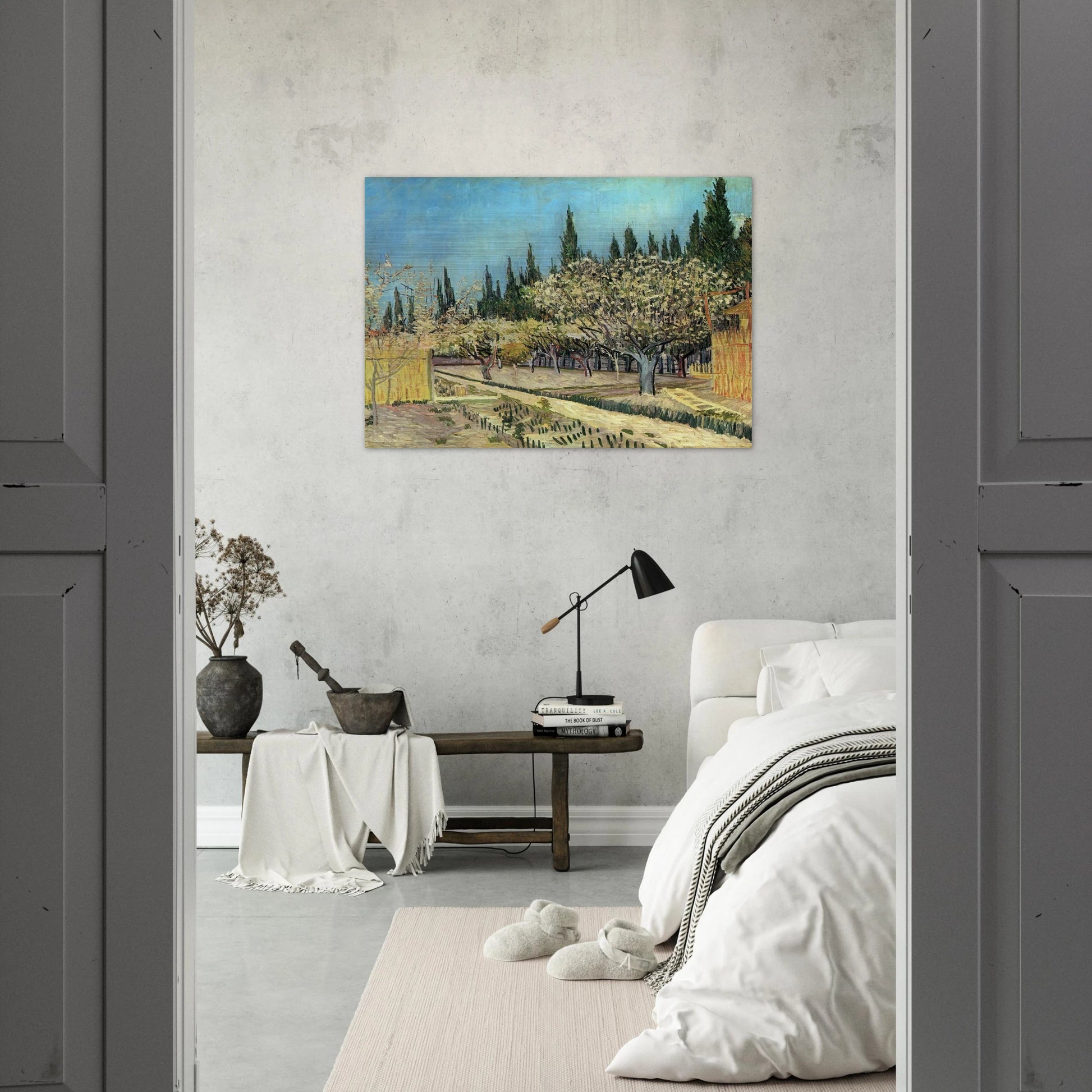 Orchard in Blossom, Bordered by Cypresses - Vincent van Gogh Brushed Aluminum Print - 70x100 cm / 28x40 inches | Vincent van Gogh Aluminum Print | Vincent van Gogh Prints