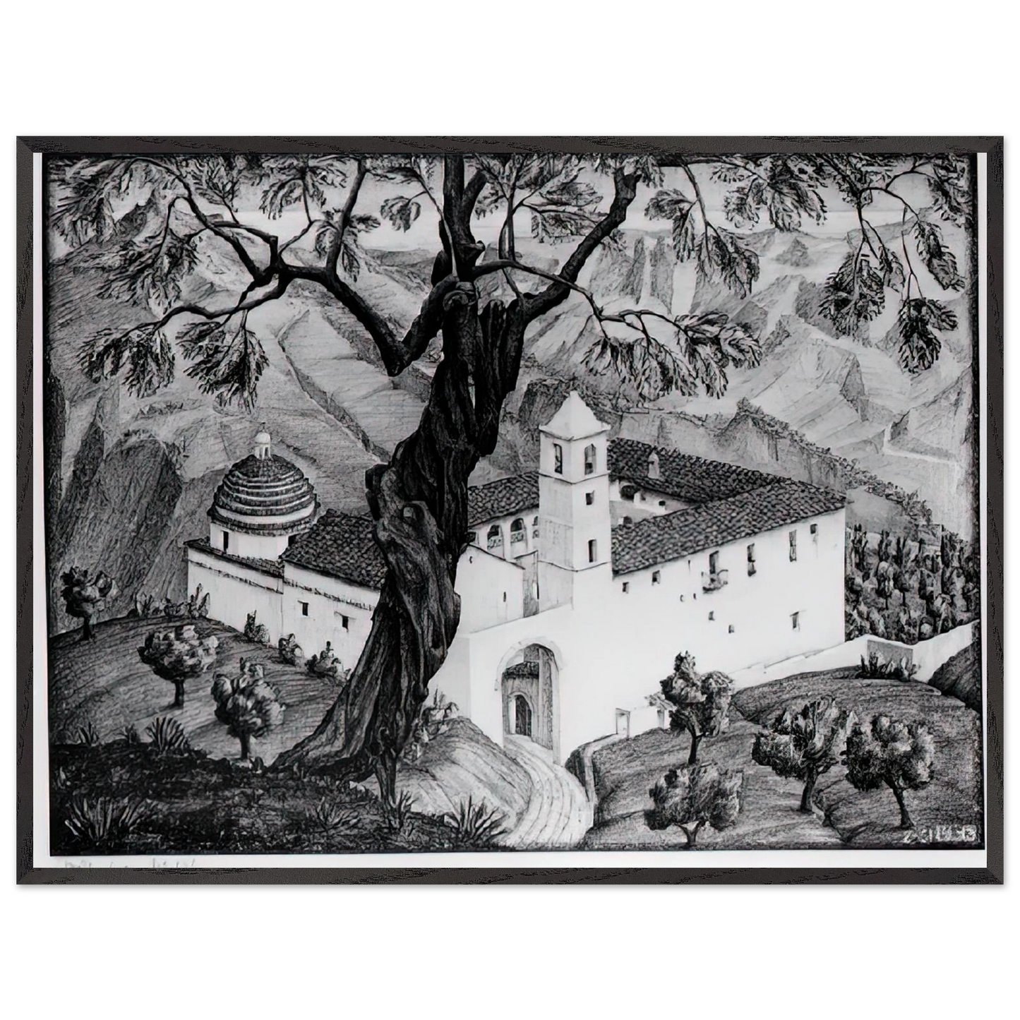 MC Escher - CLOISTER NEAR ROCCA IMPERIALE CALABRIA Wall Art - 21x29.7 cm / 8x12" - Premium Wooden Framed Poster With Fine Art Paper-canvas - White frame