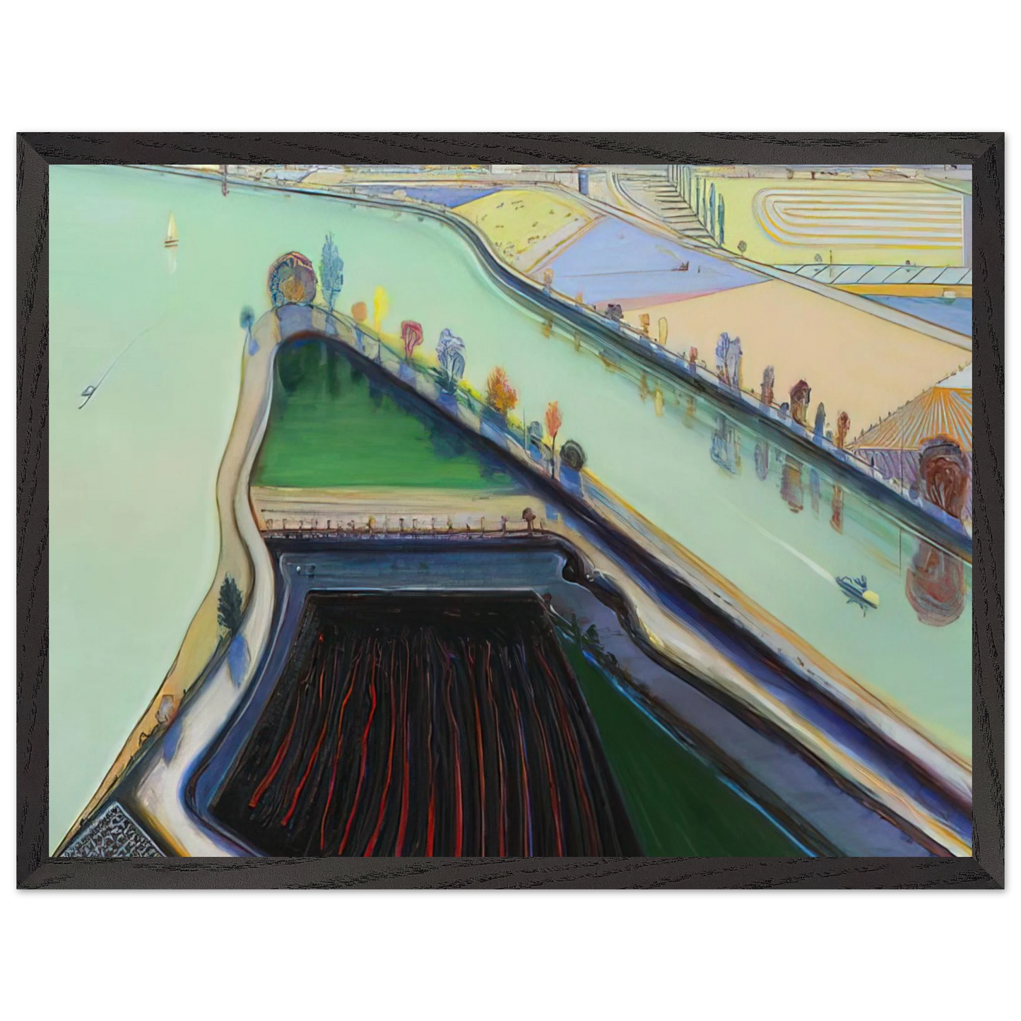 Wayne Thiebaud - River Boats - 2001 Wall Art - 21x29.7 cm / 8x12" - Premium Wooden Framed Poster With Fine Art Paper-canvas - Wood frame