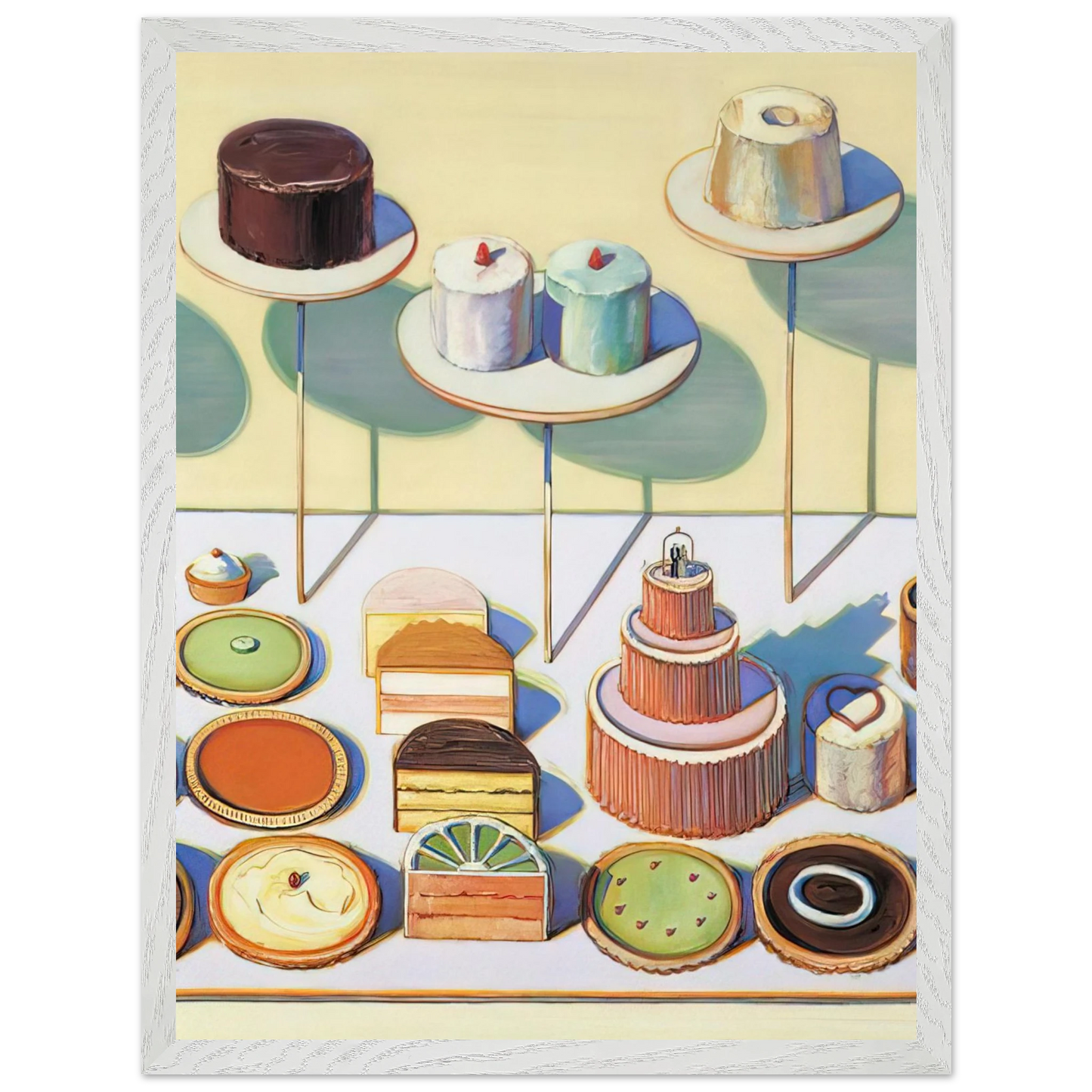 Wayne Thiebaud - Cakes and Pies - 1995 Wall Art - 21x29.7 cm / 8x12" - Premium Wooden Framed Poster With Fine Art Paper-canvas - White frame