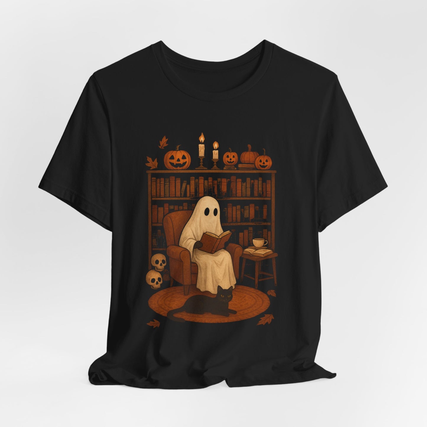Fantasma vintage leyendo libros para amantes de la biblioteca Halloween espeluznante