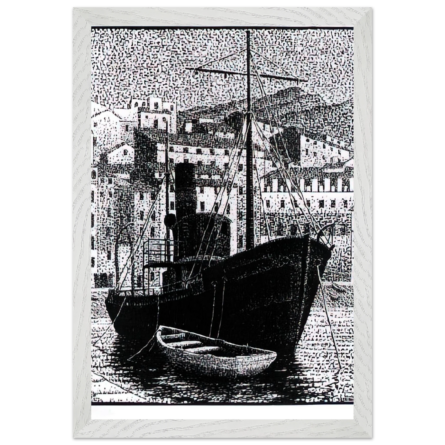 MC Escher - TUGBOAT OLD HARBOR OF BASTIA JANUARY 1934 1934 Wall Art - 21x29.7 cm / 8x12" - Premium Wooden Framed Poster With Fine Art Paper-canvas - White frame