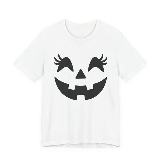Camiseta de Halloween para mujer y niña con cara de Jack O'Lantern y pestañas de calabaza