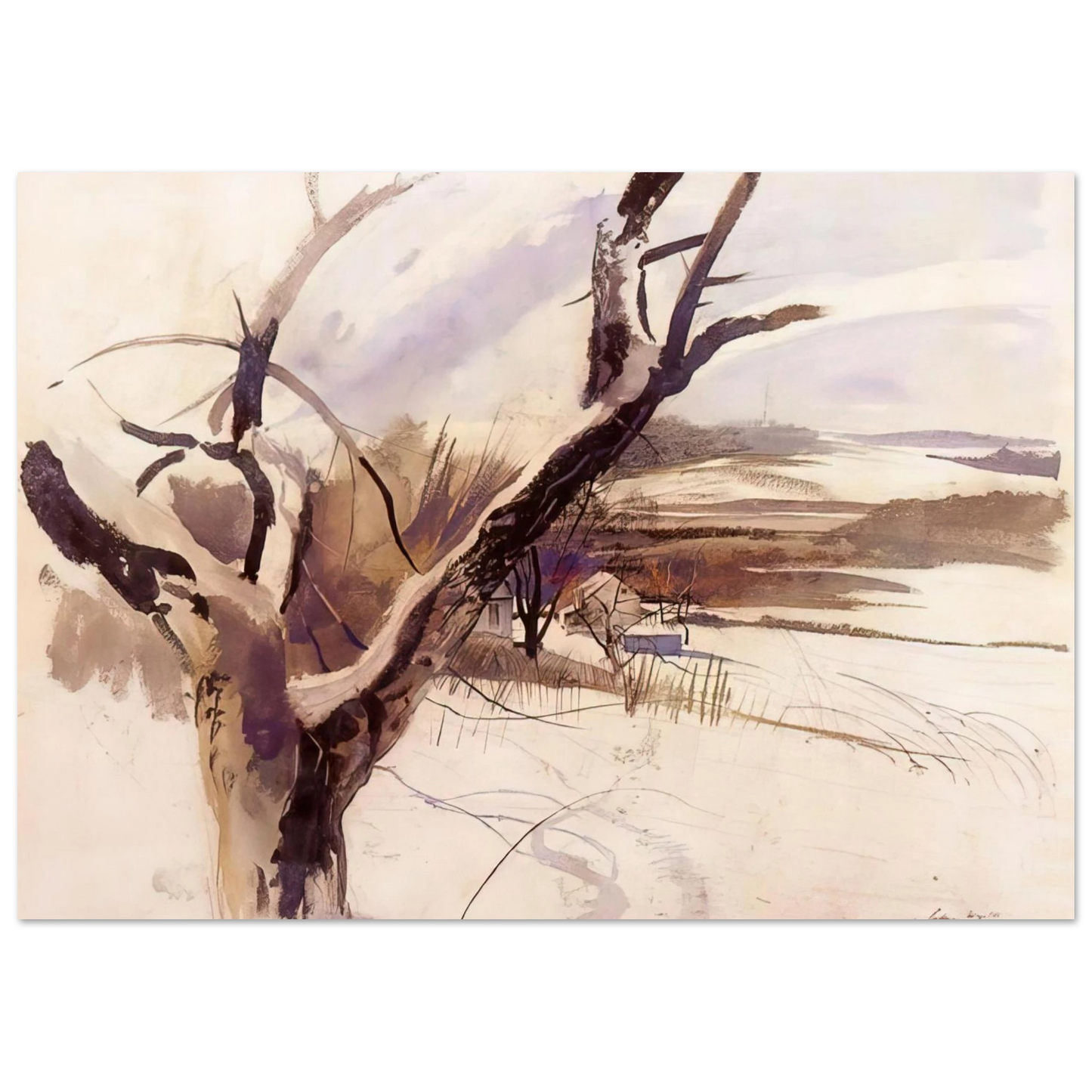 Andrew Wyeth - WINTER FARM SCENE Wall Art - 30x40 cm / 12x16 inches - Premium Wooden Framed Poster With Fine Art Paper-canvas - Black frame