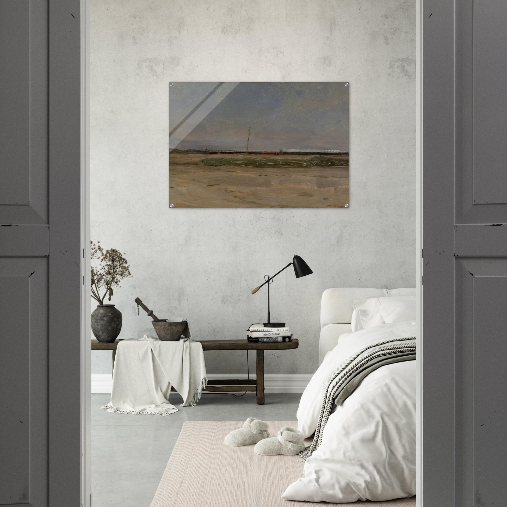 Polder Landscape with a Train and a Small Windmill on the Horizon - Piet Mondrian Acrylic Print - 70x100 cm / 28x40″ inches | Piet Mondrian Wall Art | Piet Mondrian Prints