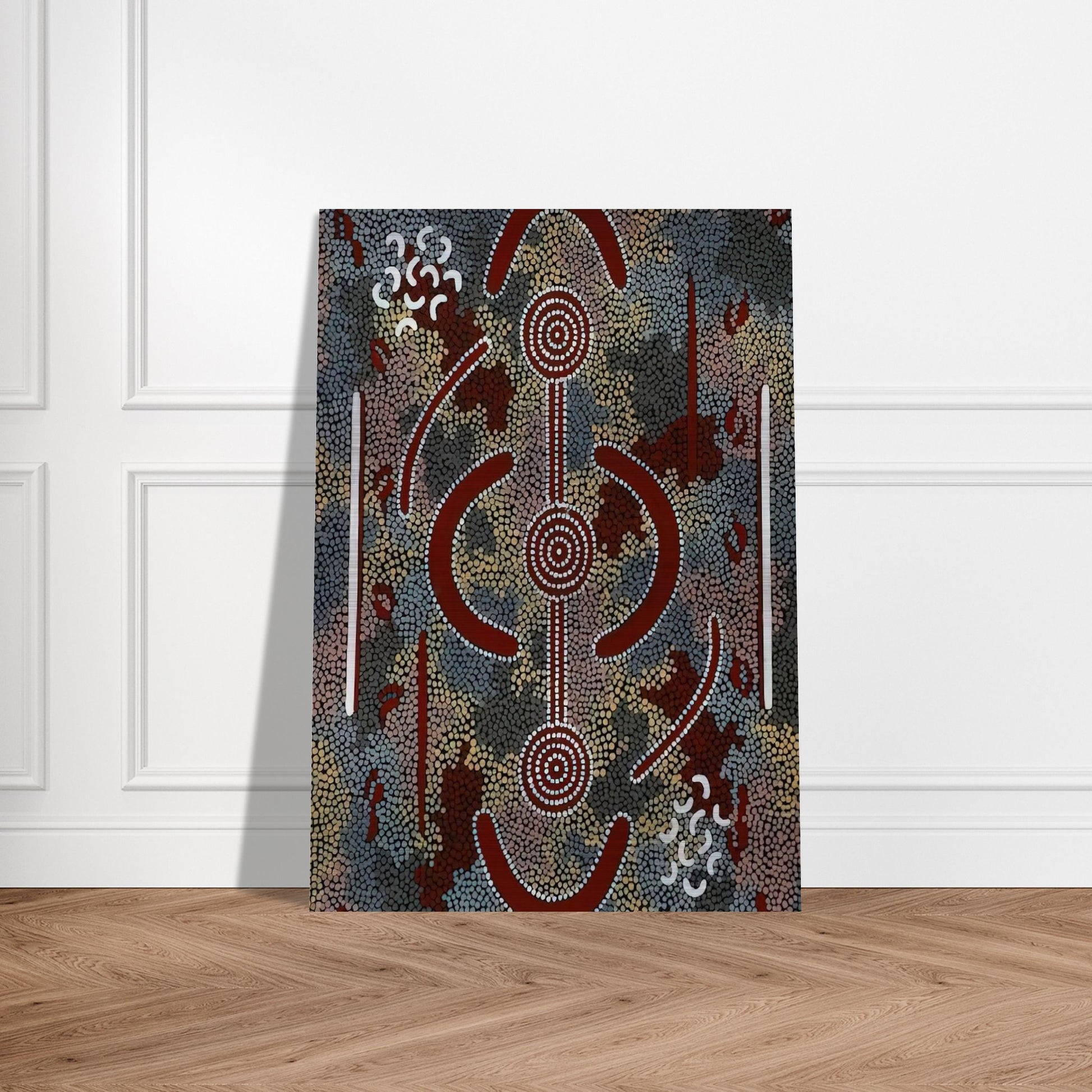Honey Ant Dreaming - 1981 - Clifford Possum Tjapaltjarri Brushed Aluminum Print - 70x100 cm / 28x40 inches | Clifford Possum Tjapaltjarri Aluminum Print | Clifford Possum Tjapaltjarri Prints