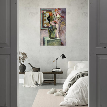 FLOWERS IN A GLASS VASE WITH ABSTRACT NEEDLEWORK DESIGN - Vanessa Bell Brushed Aluminum Print - 70x100 cm / 28x40 inches | Vanessa Bell Aluminum Print | Vanessa Bell Prints